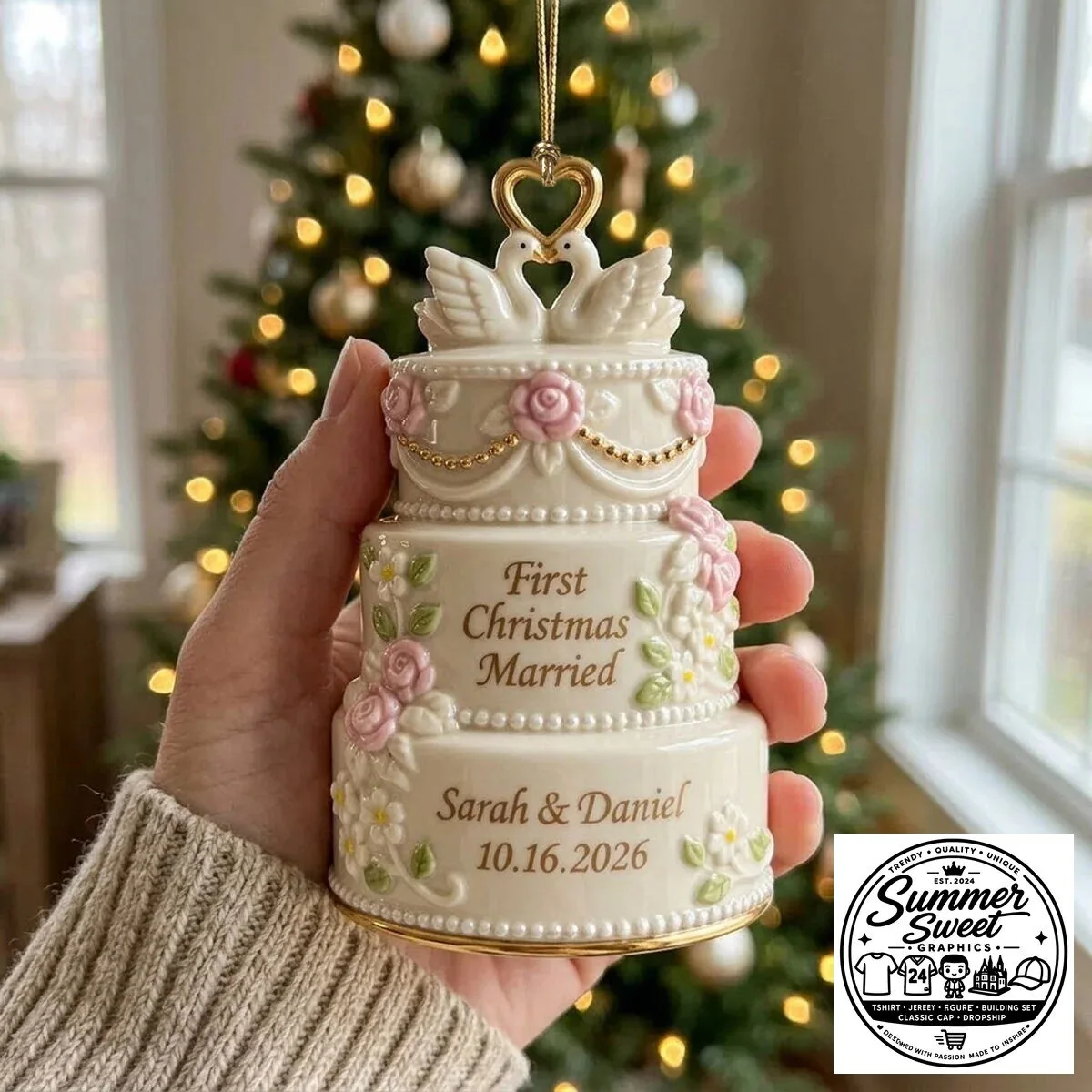 Personalized First Christmas Married Wedding Cake Ornament with Custom Names and Date