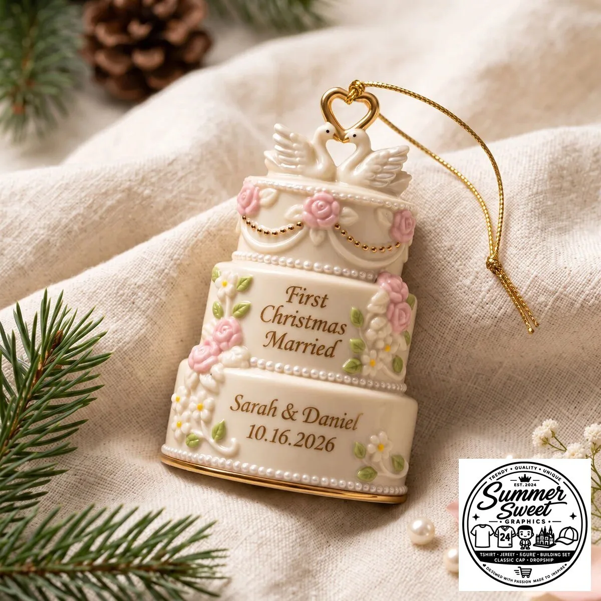 Personalized First Christmas Married Wedding Cake Ornament with Custom Names and Date 4 Personalized First Christmas Married Wedding Cake Ornament with Custom Names and Date