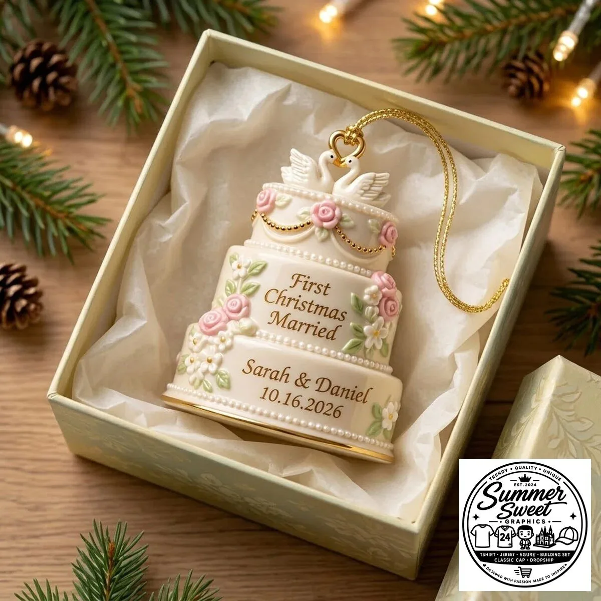 Personalized First Christmas Married Wedding Cake Ornament with Custom Names and Date 5 Personalized First Christmas Married Wedding Cake Ornament with Custom Names and Date