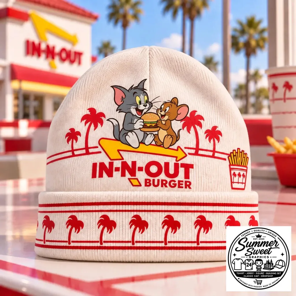 Tom and Jerry In-N-Out Burger Cartoon Friends Palm Lined Snack Break Beanie Tom and Jerry In-N-Out Burger Cartoon Friends Palm Lined Snack Break Beanie