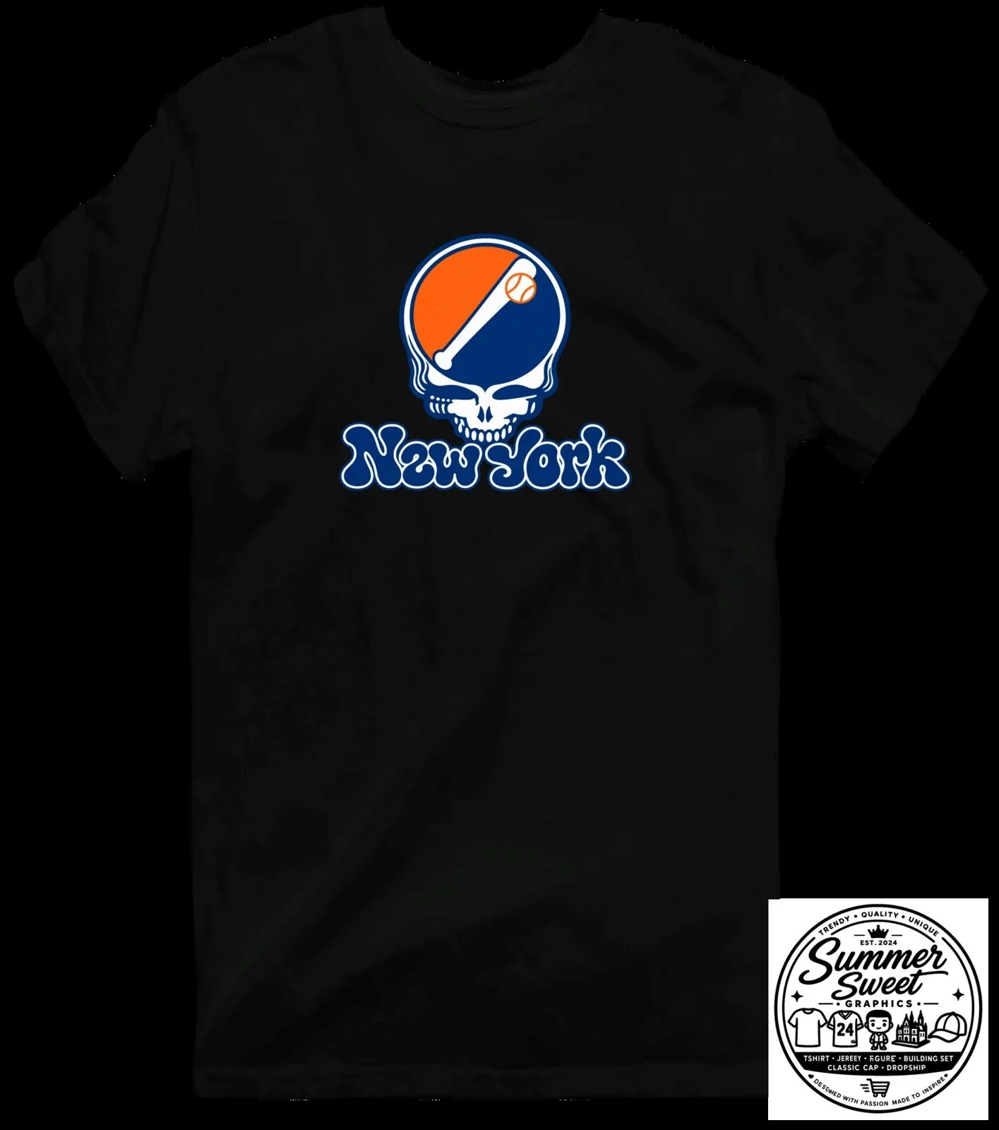 New York Baseball Stealie Grateful Dead Skull Logo Black T-Shirt
