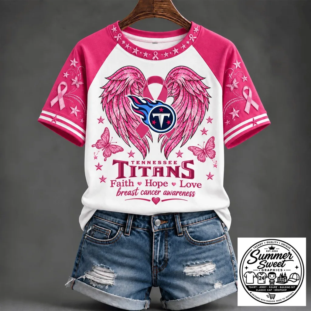 Breast Cancer Awareness T-Shirt Featuring Tennessee Titans - Faith, Hope, Love Design