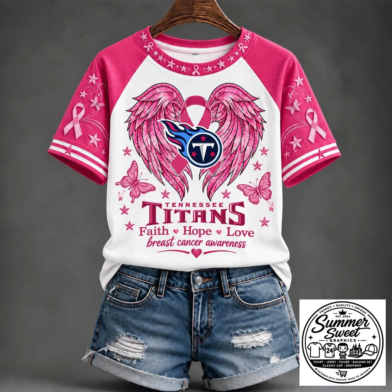 Breast Cancer Awareness T-Shirt Featuring Tennessee Titans – Faith, Hope, Love Design