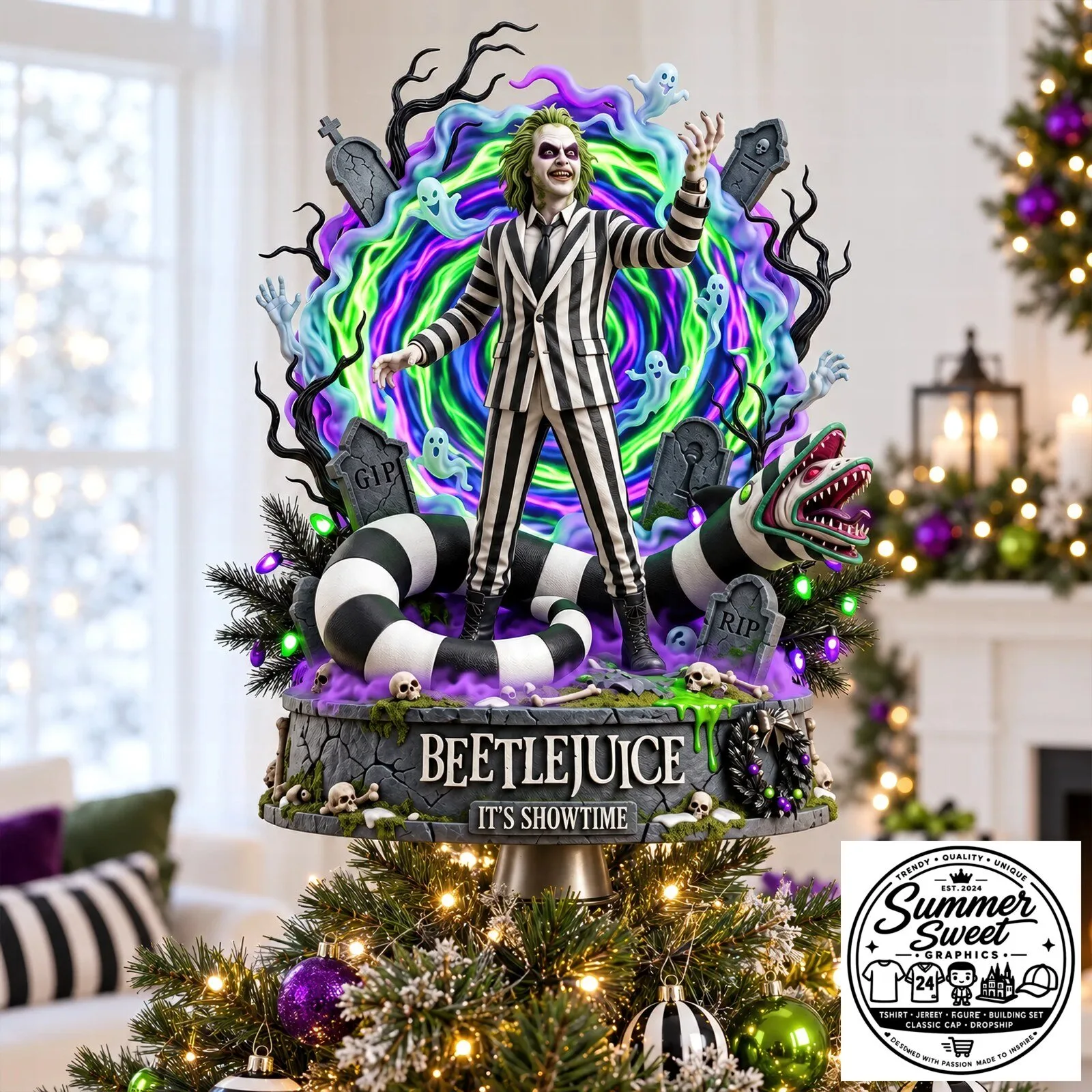Beetlejuice It's Showtime Christmas Tree Topper with LED Lights