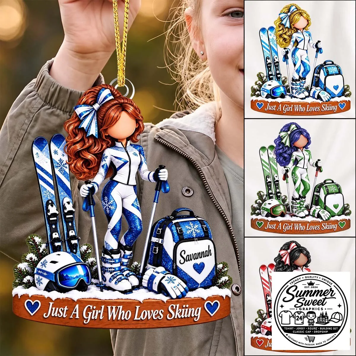 Personalized Ski Girl Christmas Ornament, Winter Sports Keepsake Gift For Her 2 Personalized Ski Girl Christmas Ornament, Winter Sports Keepsake Gift For Her