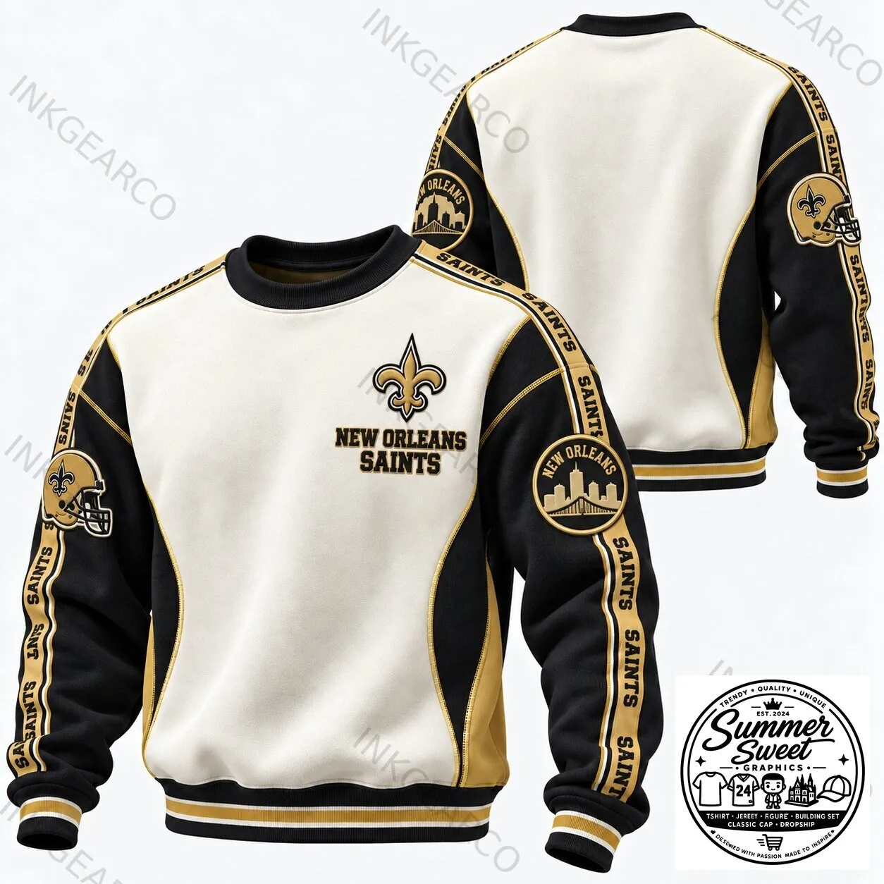 New Orleans Saints Football Team Black Gold White Crewneck Sweatshirt