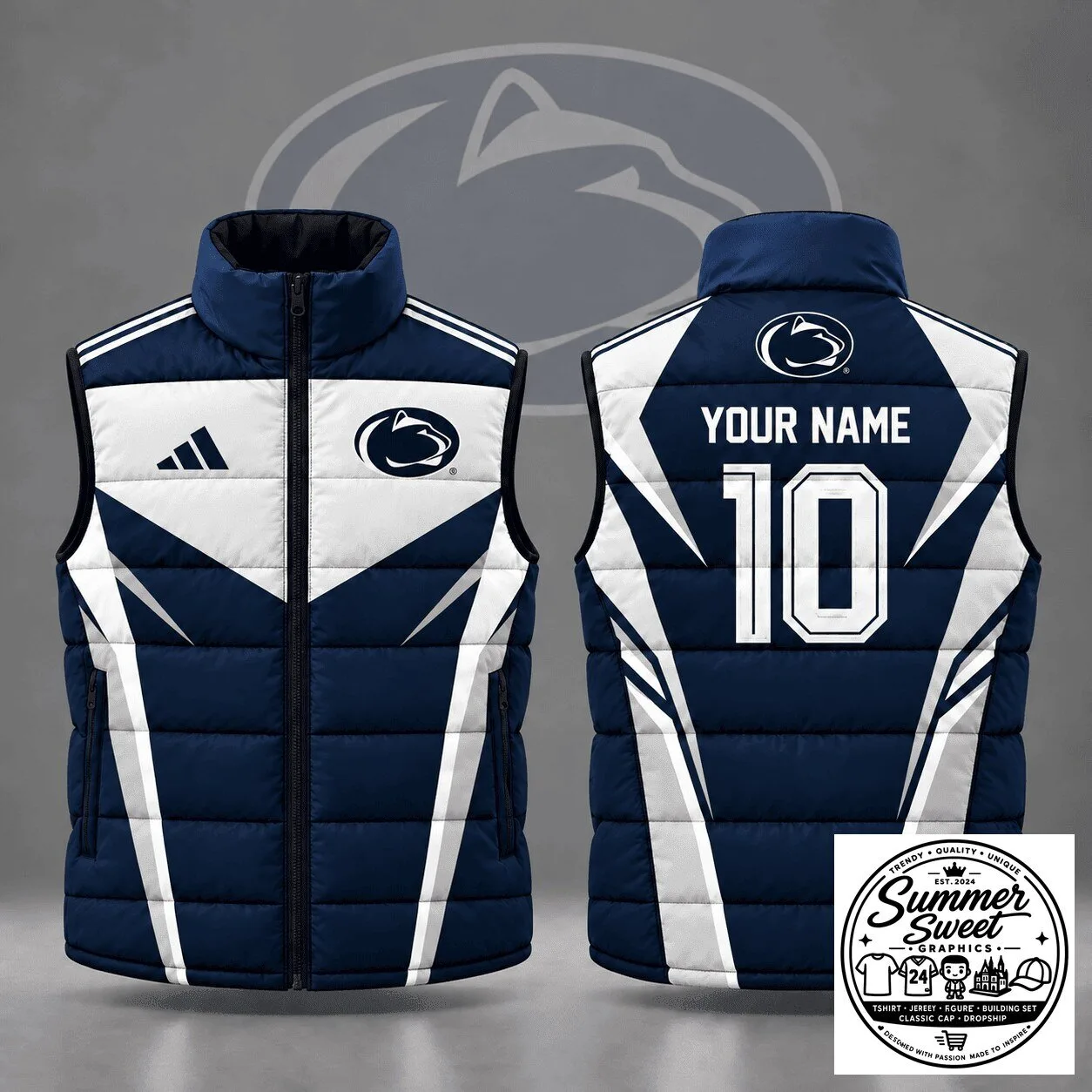 Penn State Nittany Lions Custom Name Number Geometric Colorblock Puffer Vest