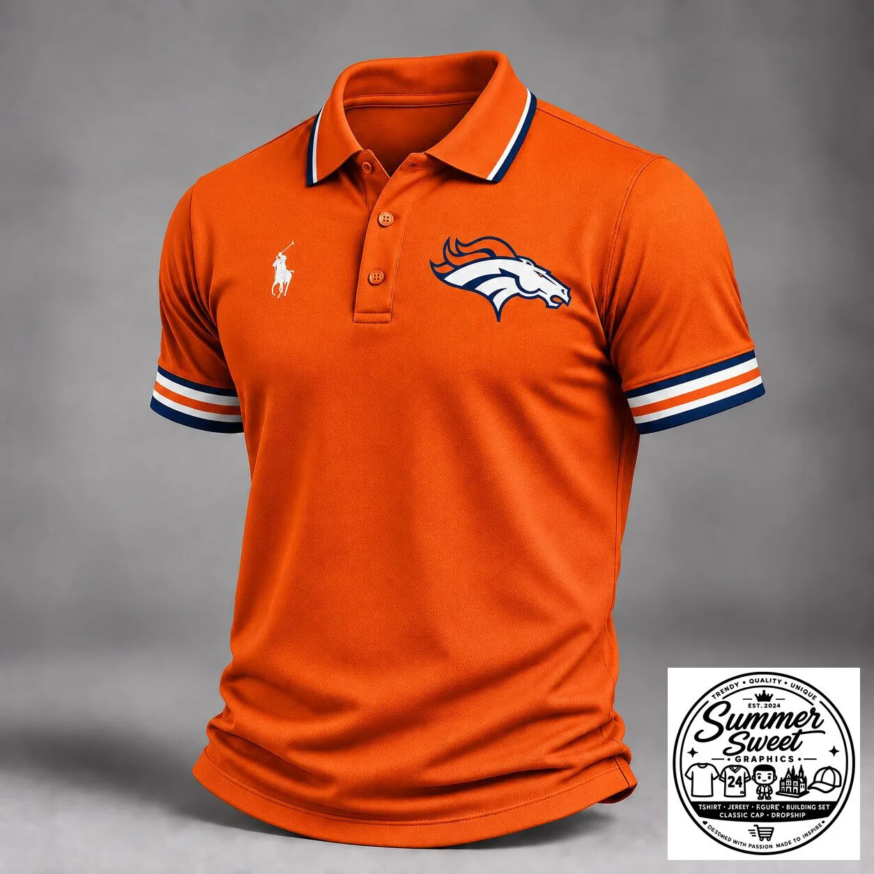 Denver Broncos NFL Football Team Logo Orange Striped Collar Polo Shirt