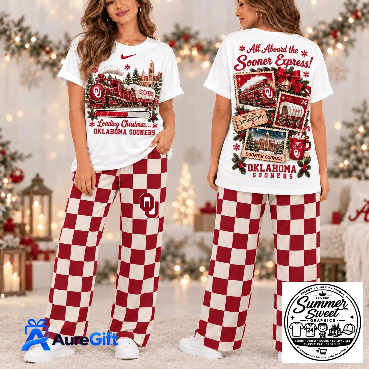 Oklahoma Sooners Christmas Train Holiday Pajamas Set 1 Oklahoma Sooners Christmas Train Holiday Pajamas Set