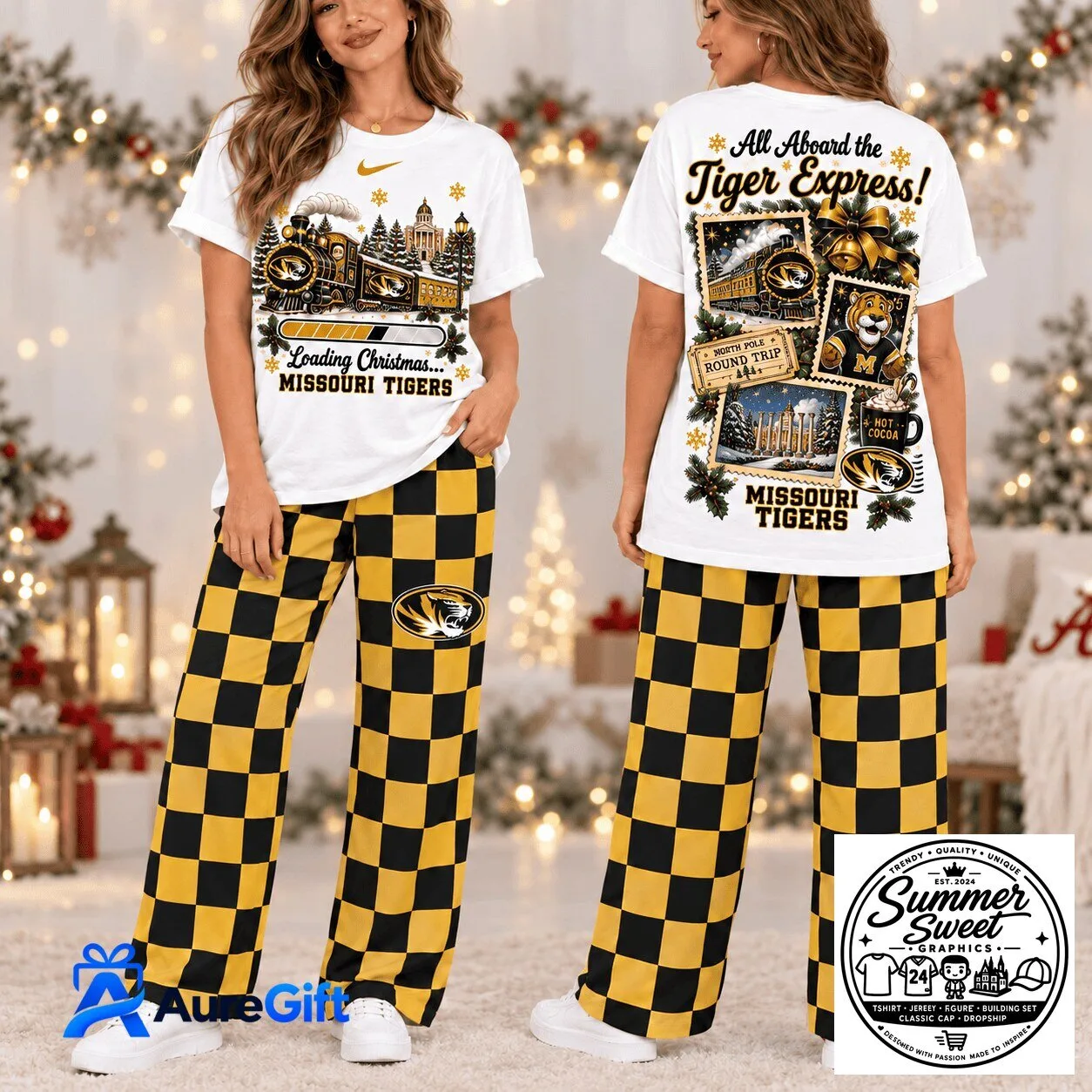 Missouri Tigers Christmas Train Pajamas Set, Holiday Sleepwear for Women