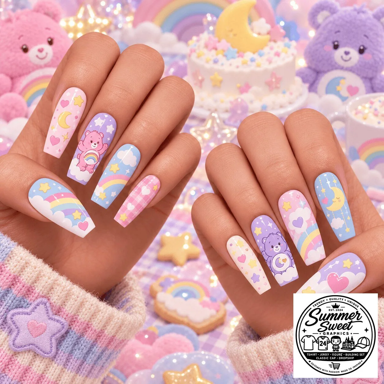 Care Bears Dreamy Cloud Pastel Rainbow Star Cute Press On Nails Set