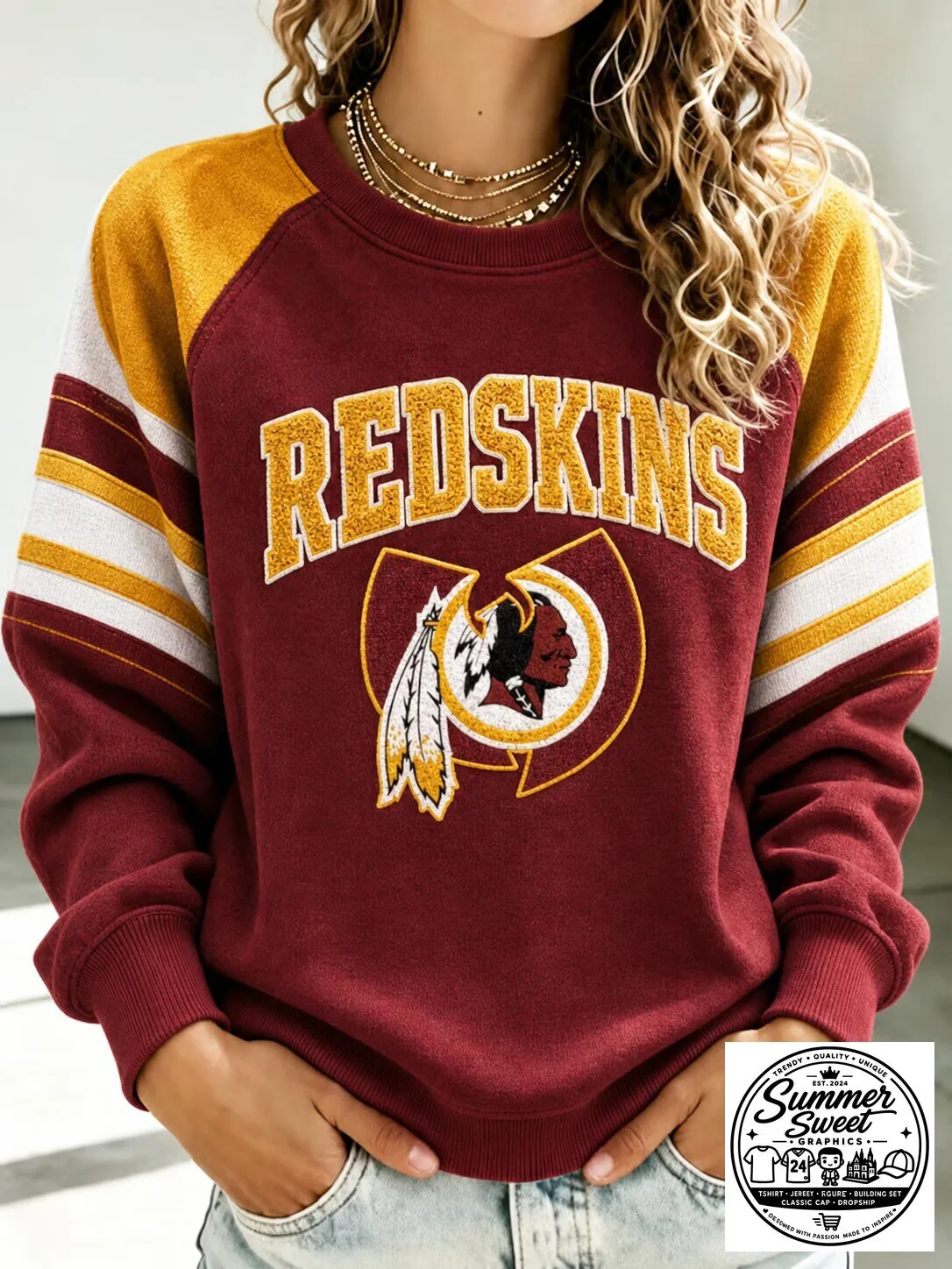 Washington Redskins Football Team Logo Maroon Raglan Sleeve Sweatshirt