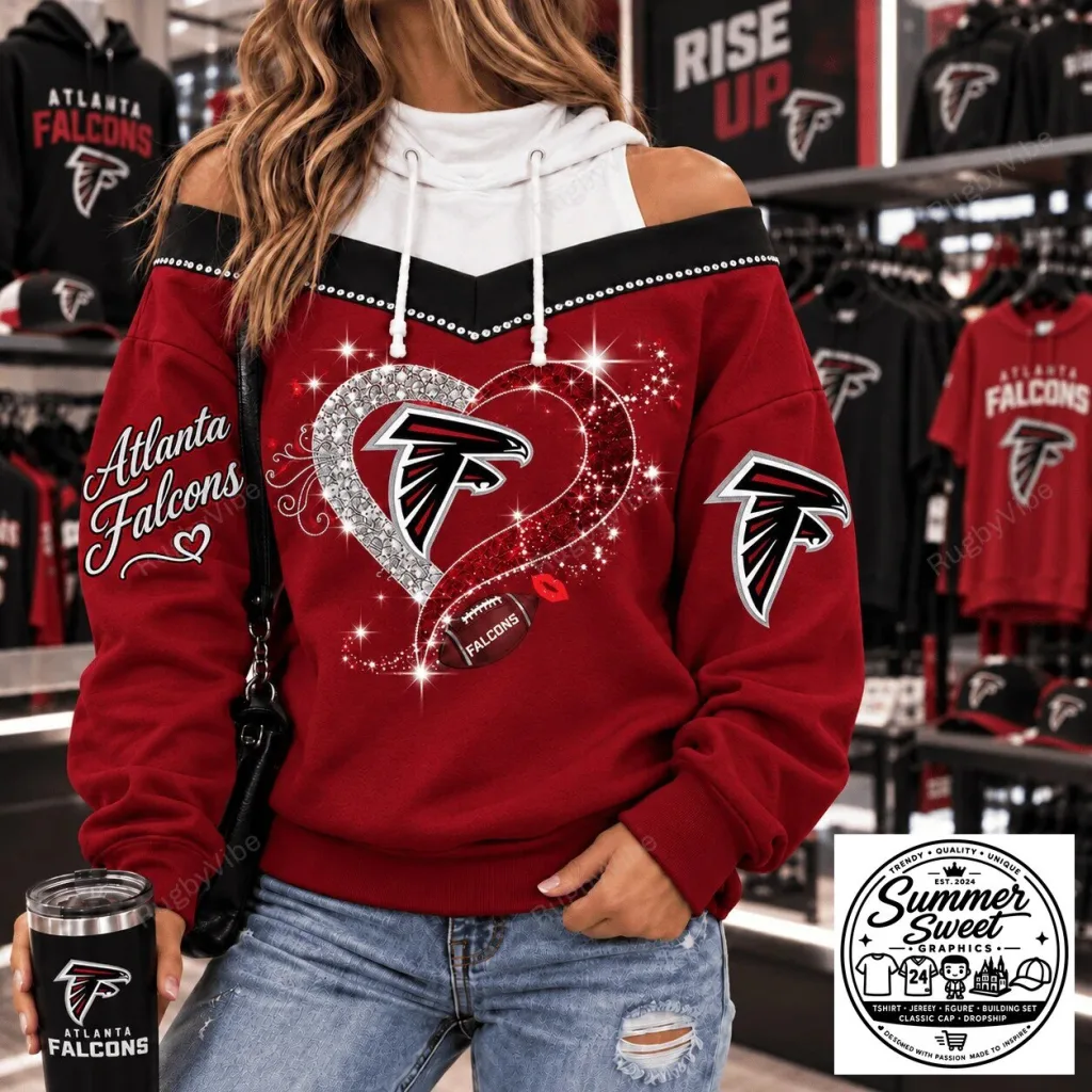 Atlanta Falcons Football Team Sparkle Heart Red Off Shoulder Sweatshirt Atlanta Falcons Football Team Sparkle Heart Red Off Shoulder Sweatshirt