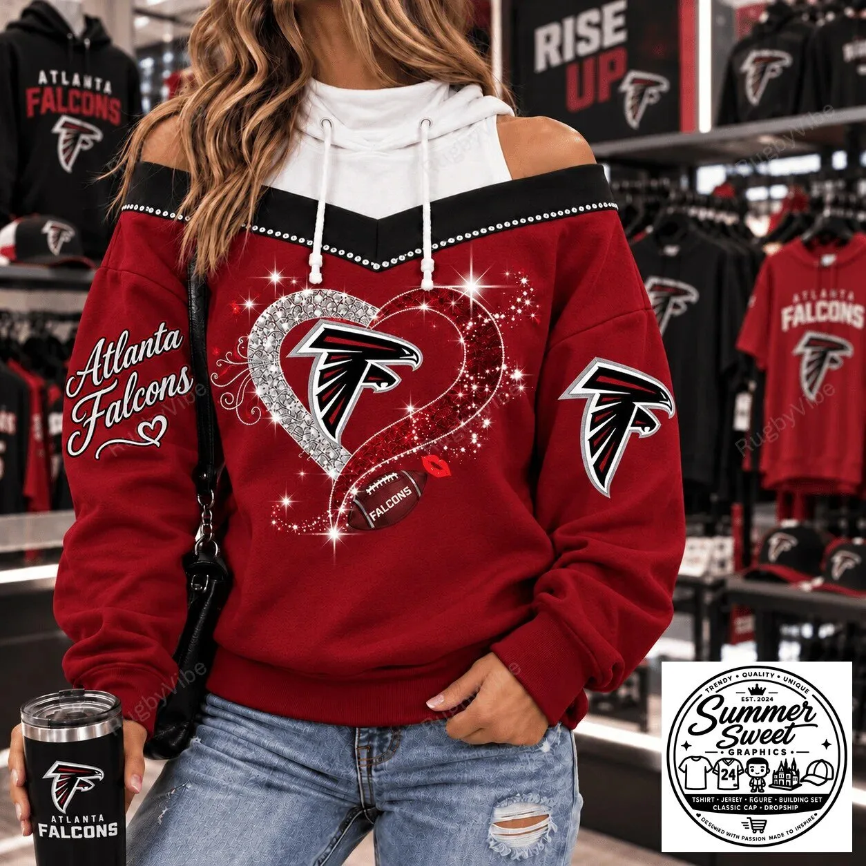 Atlanta Falcons Football Team Sparkle Heart Red Off Shoulder Sweatshirt